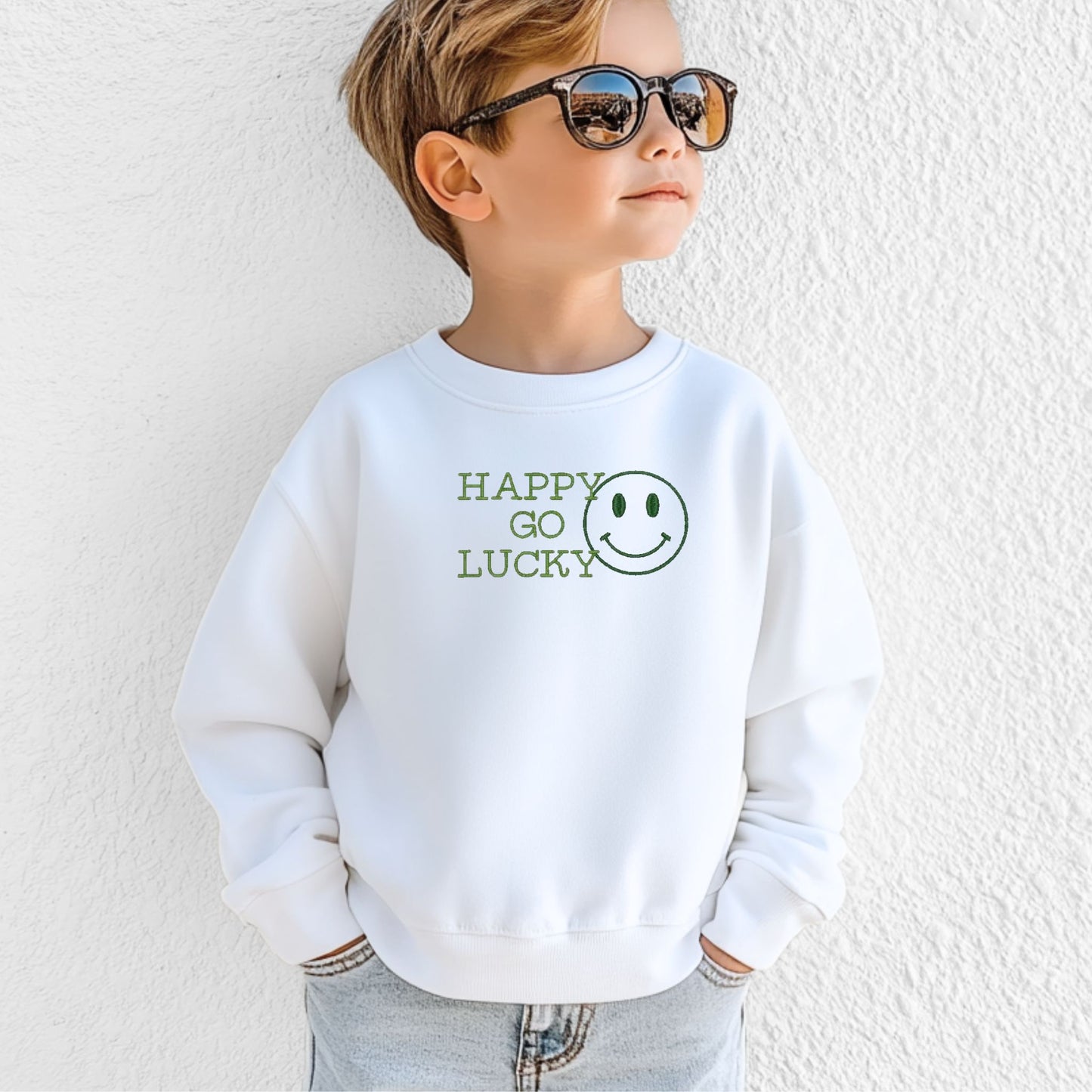 happy go lucky embroidered tshirt or crewneck (toddler & youth sizes)