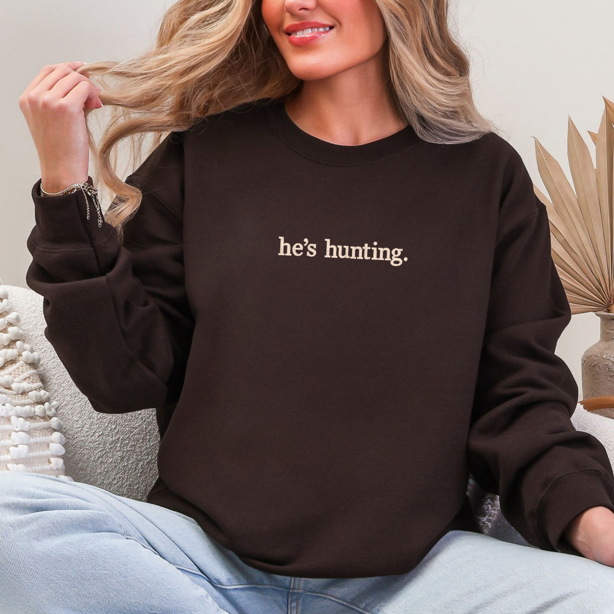 he's hunting embroidered crewneck
