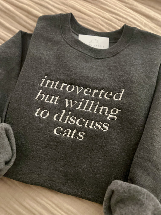 introverted cat embroidered crew