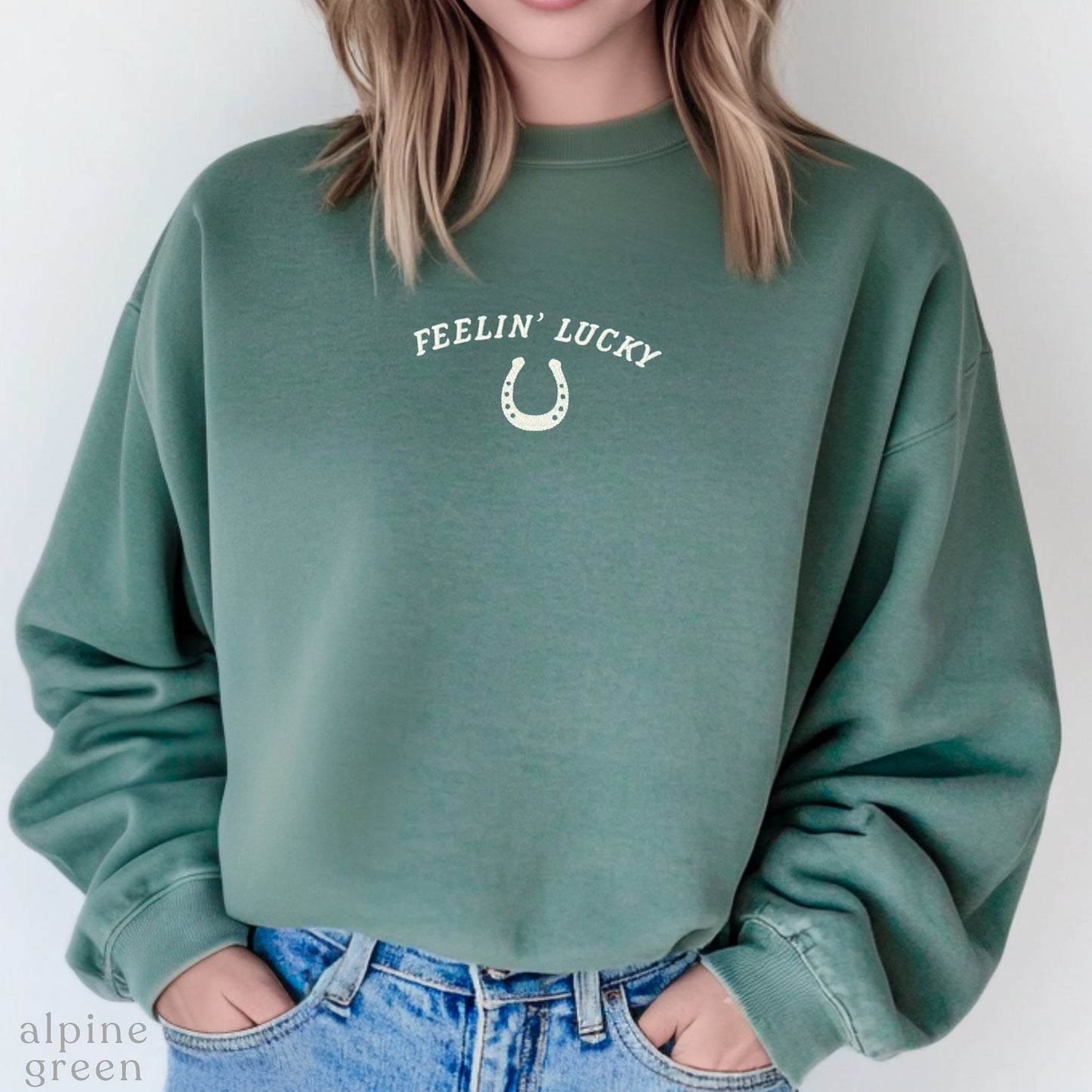 feelin' lucky embroidered crewneck